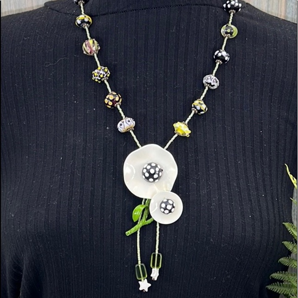 Adorned Crown Artisan Assemblage Enamel Flower Green Dot Glass Bead Necklace 58$
